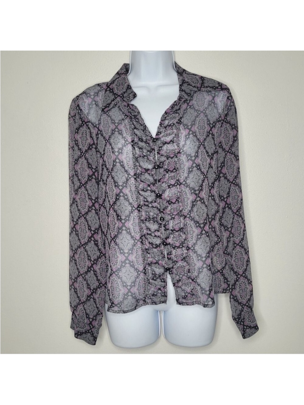 Worthington y2k Sheer Ruffle-Front Blouse in Lavender and Black 100% silk